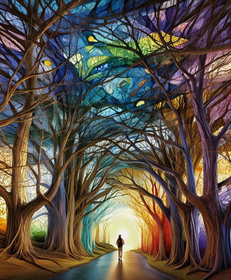 Tunnel colorato di alberi in line art a scarabocchio con figura distante