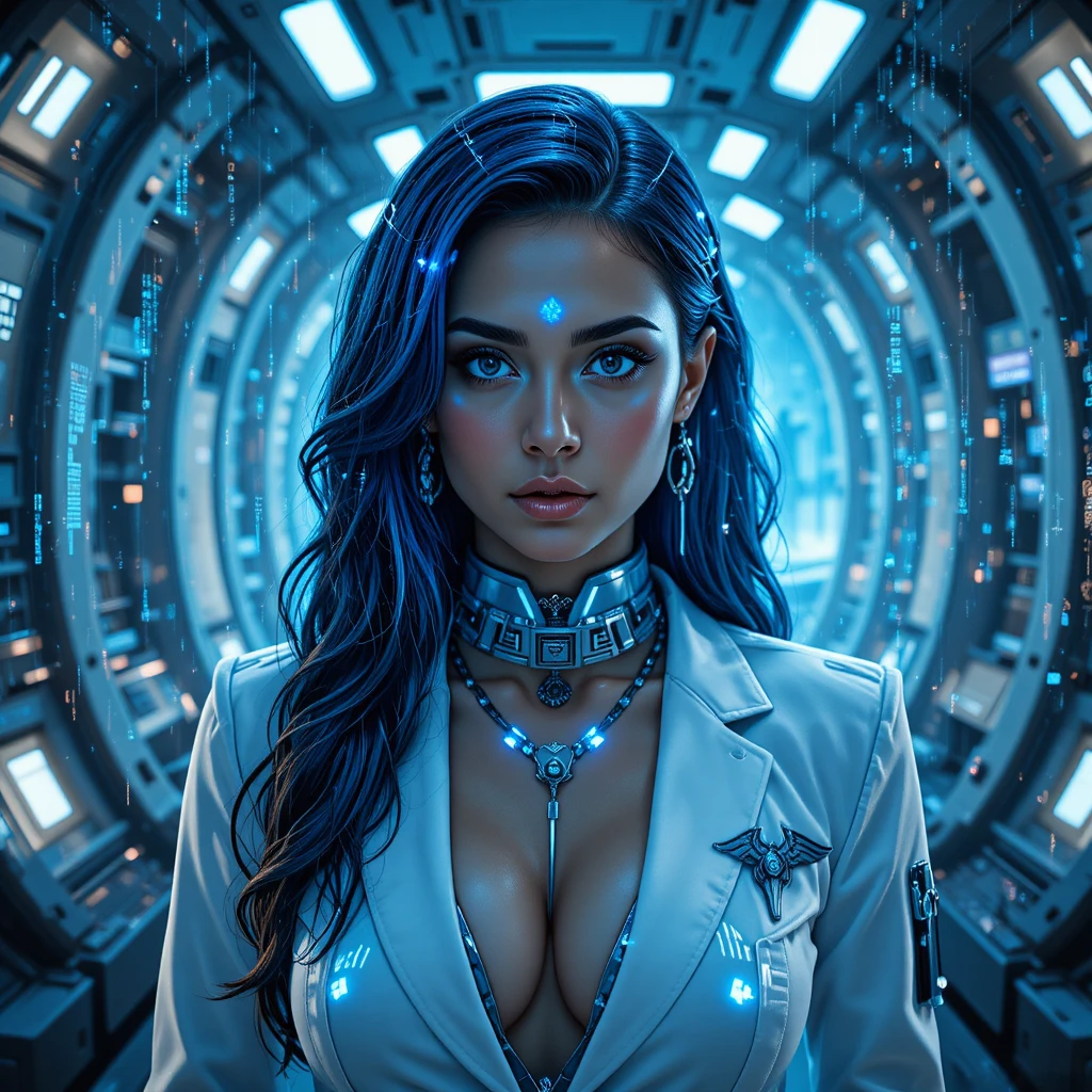 Medica futuristica in baia medica illuminata di ciano su Coruscant