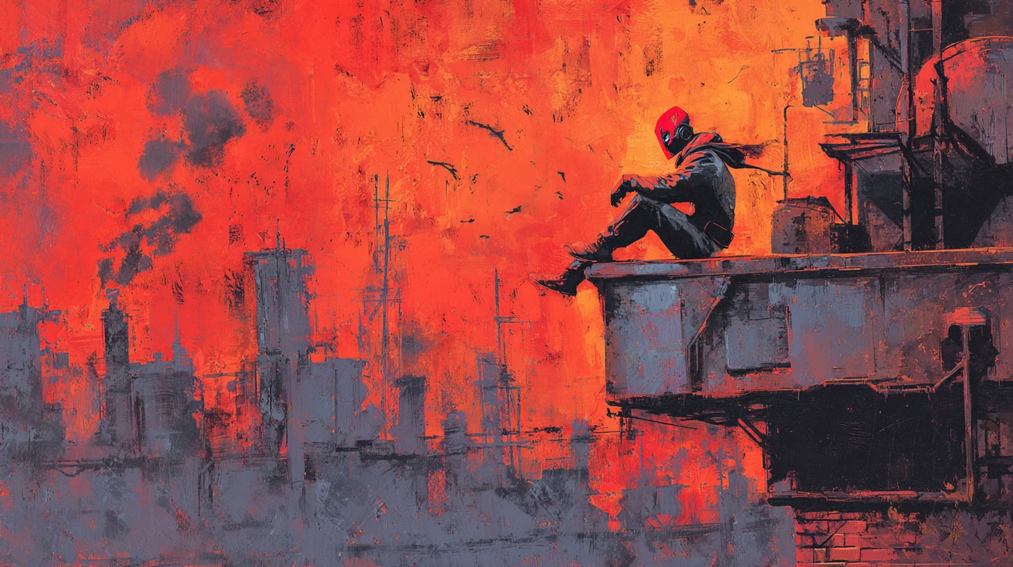 Vigilante mascarado observando uma vasta cidade industrial distópica