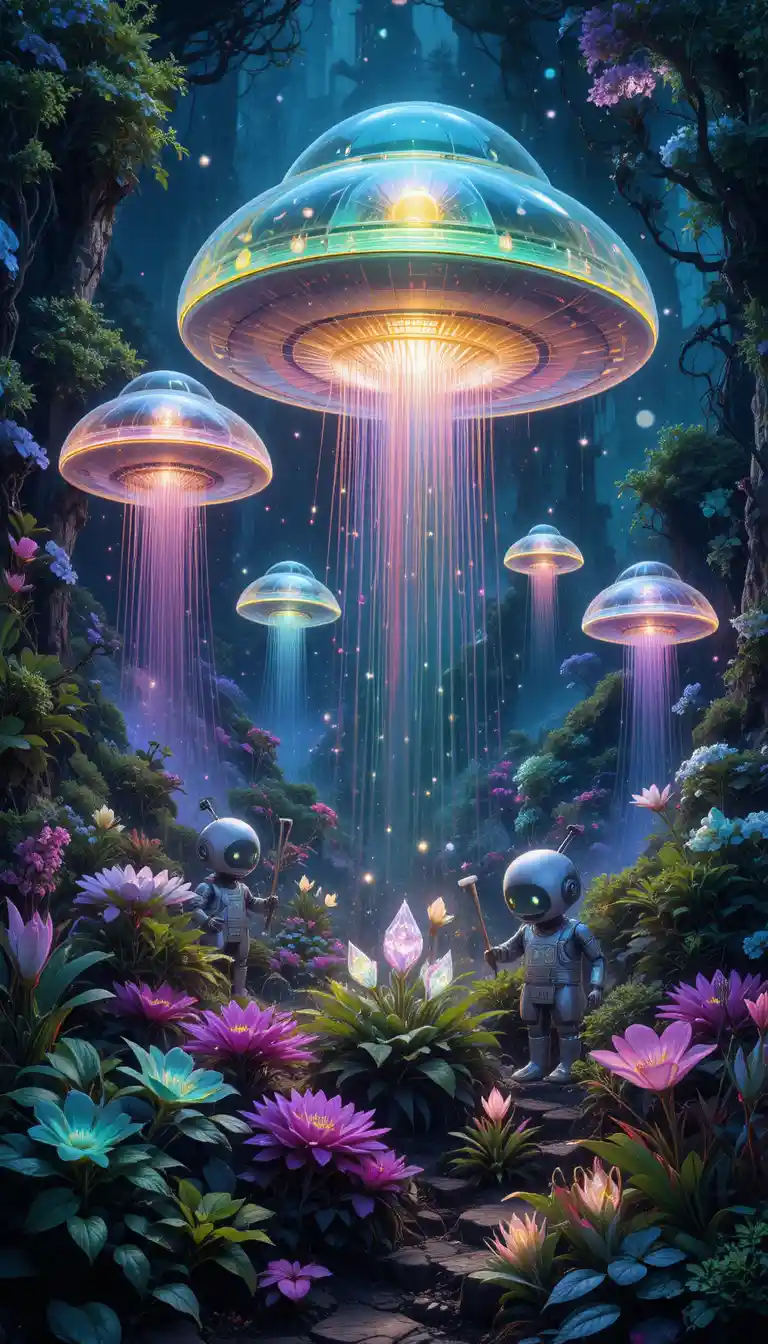 Jardim futurista com robôs fofos e plantas brilhantes