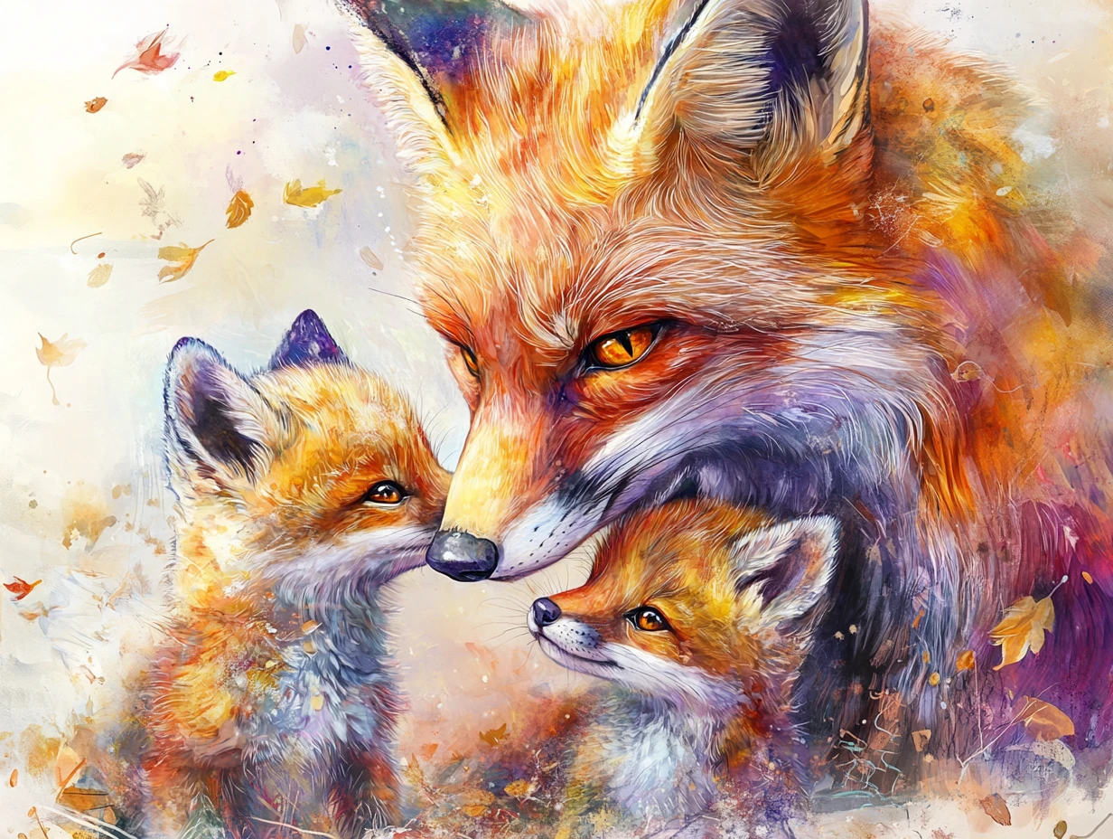 Aquarell-Fuchsfamilie in sanftem Waldlicht beim Kuscheln