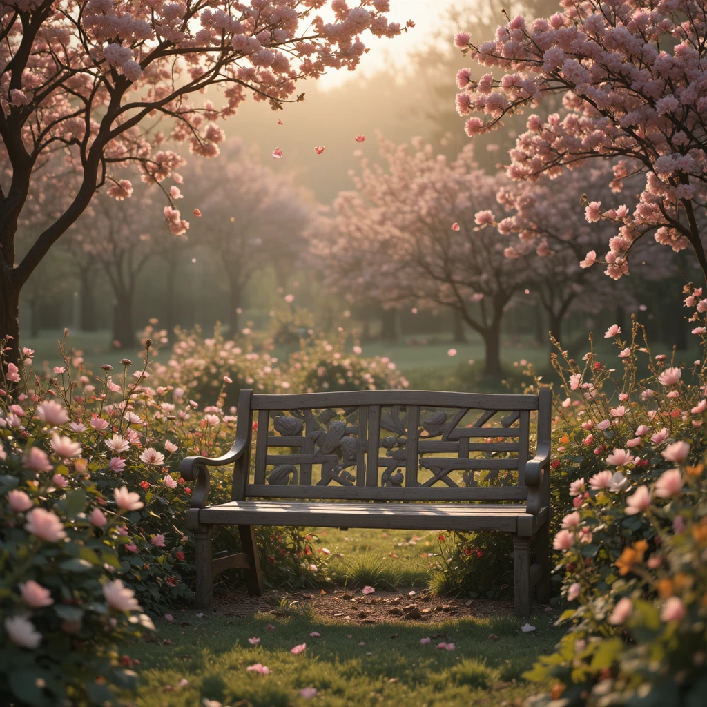 Banco de jardim na suave luz da primavera com pétalas flutuando