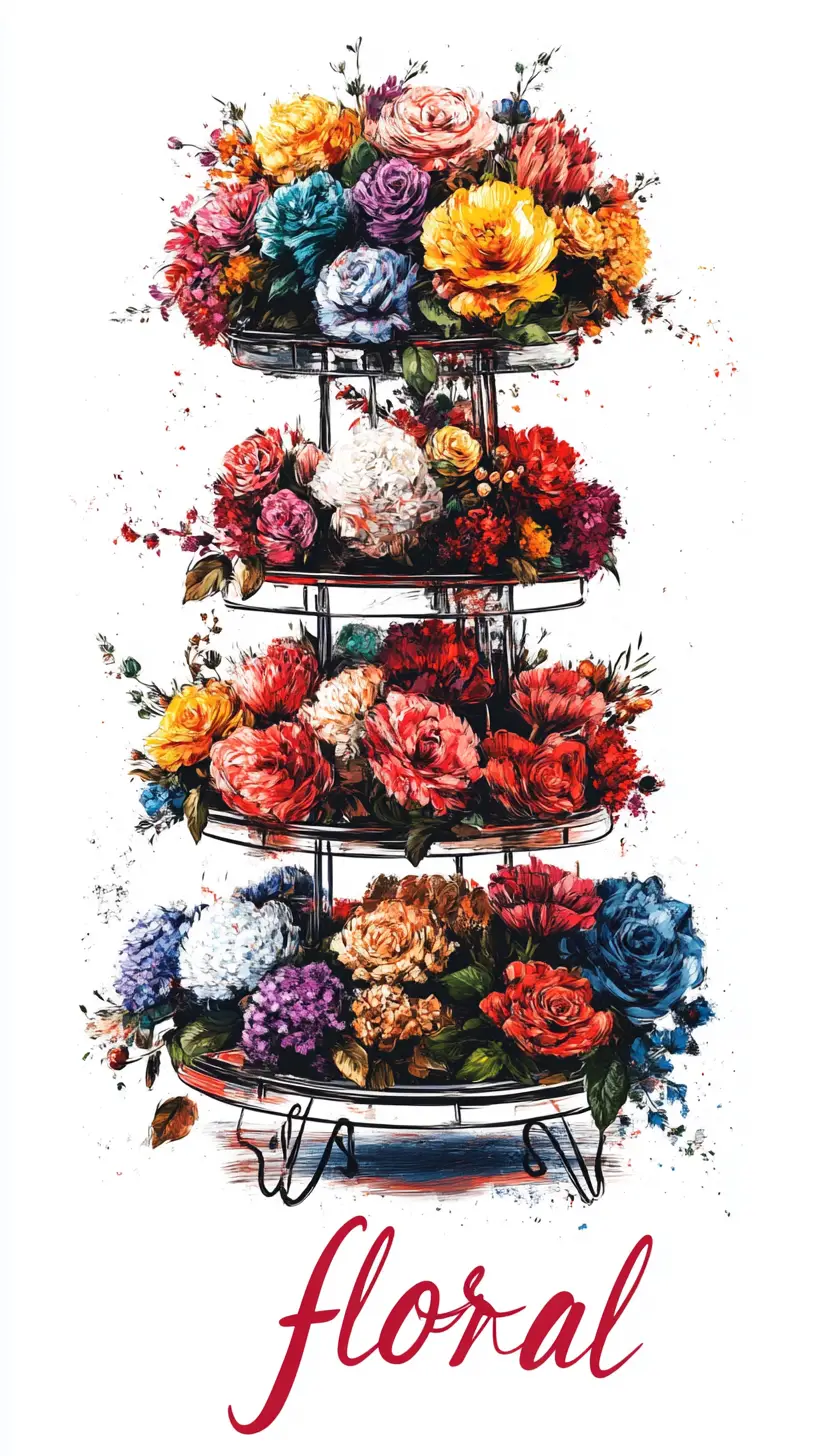Illustrazione puntinista di espositore floreale con testo in calligrafia audace