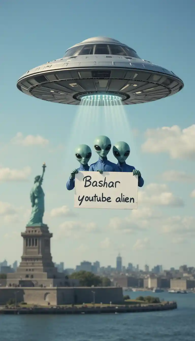 UFO With Aliens Flying Over New York Harbor Skyline