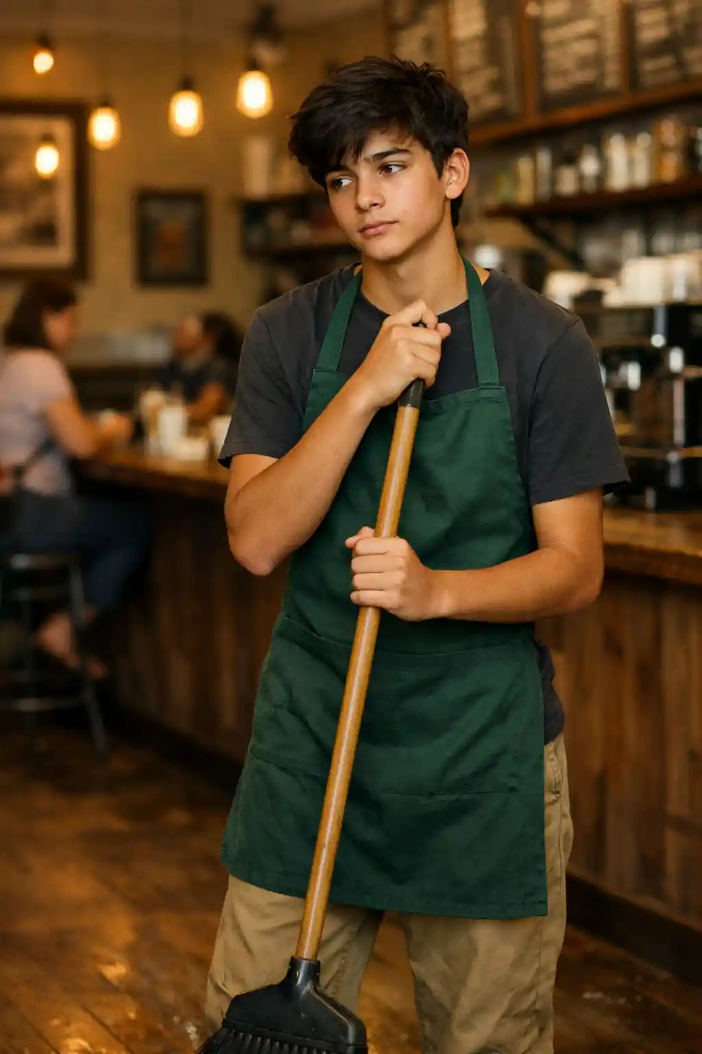 Jeune barista adolescente balayant le sol d’un café