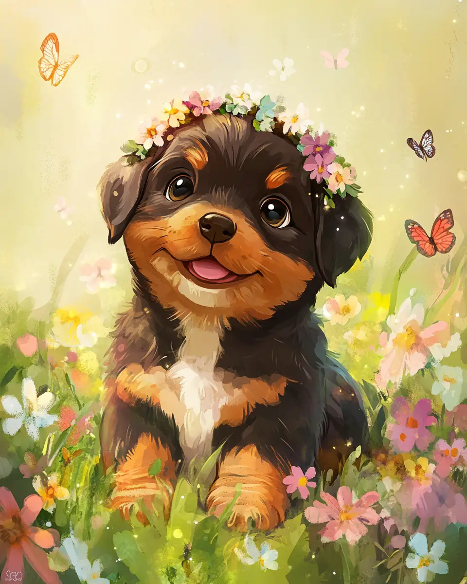 陽だまりの野花の草原にいるファンタジックな水彩の子犬