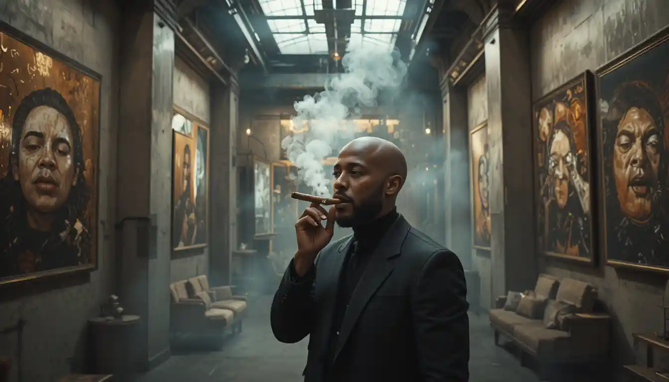 Homme chauve et confiant fumant un cigare dans un intérieur industriel de luxe