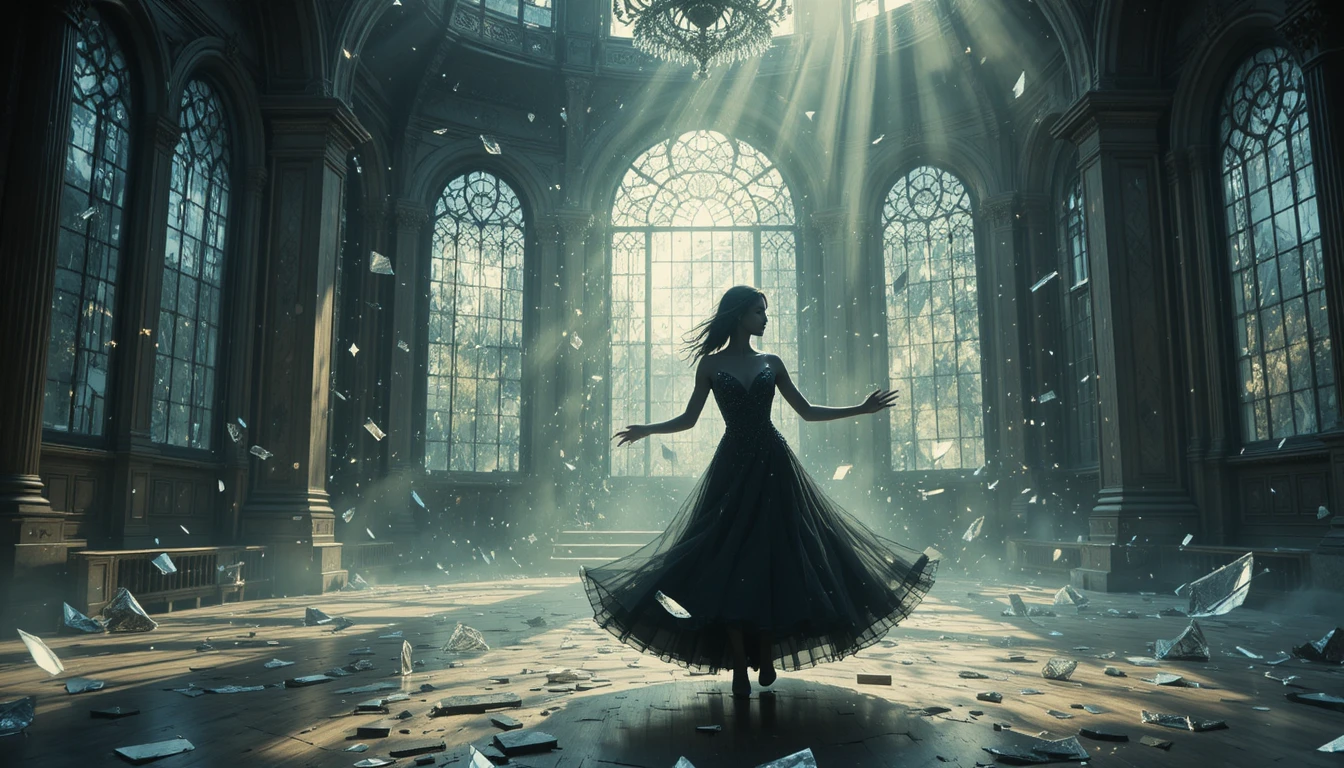 Phantom dancer waltzing in a shattered stained glass ballroom