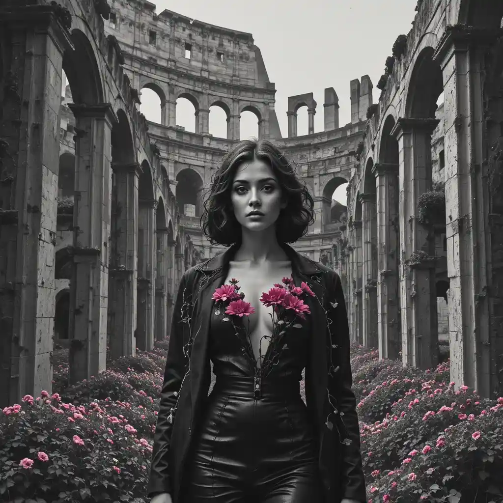 Surreal woman portrait in the ruins of the Colosseum
