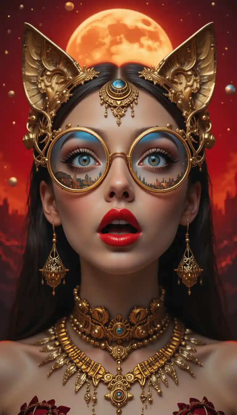 Surreal close up portrait of woman in golden steampunk headgear