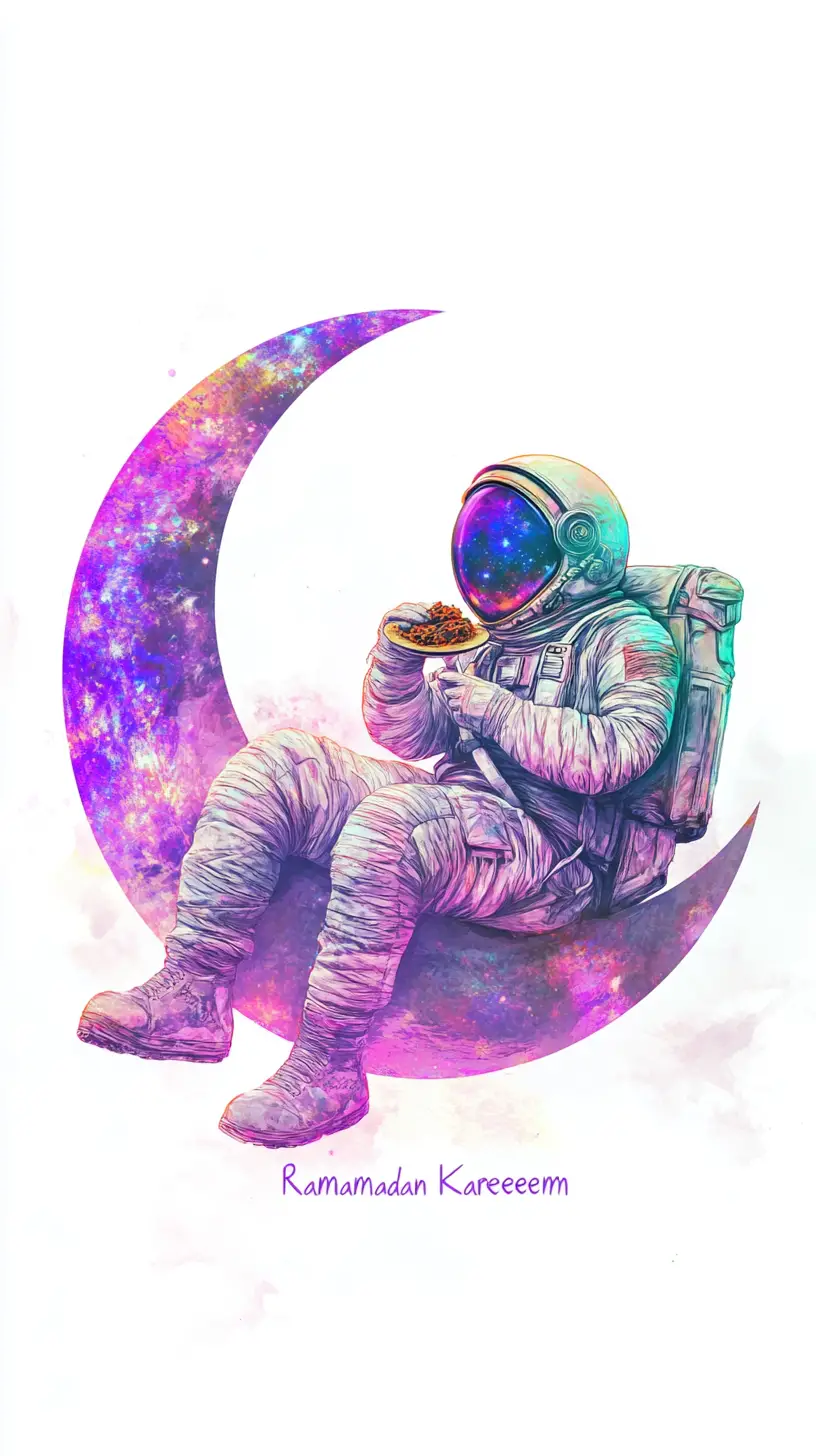 三日月に座りラマダンランタンを持つ宇宙飛行士のアート作品