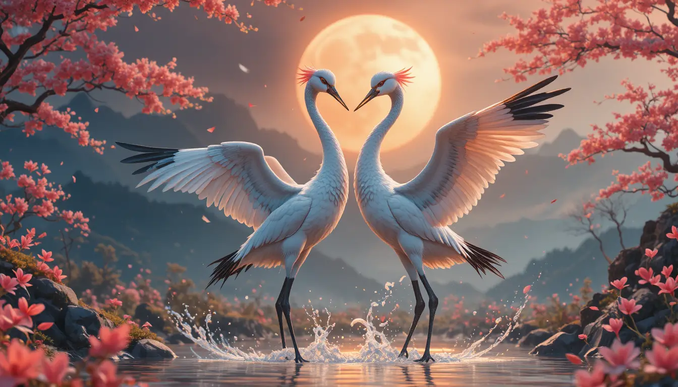 Deux grues dansant dans un paysage printanier romantique