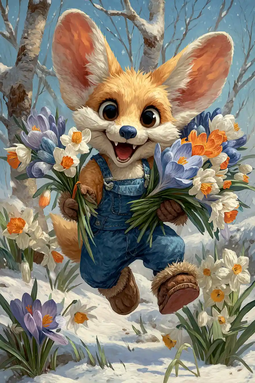 Joyful fennec fox with spring flowers in forest