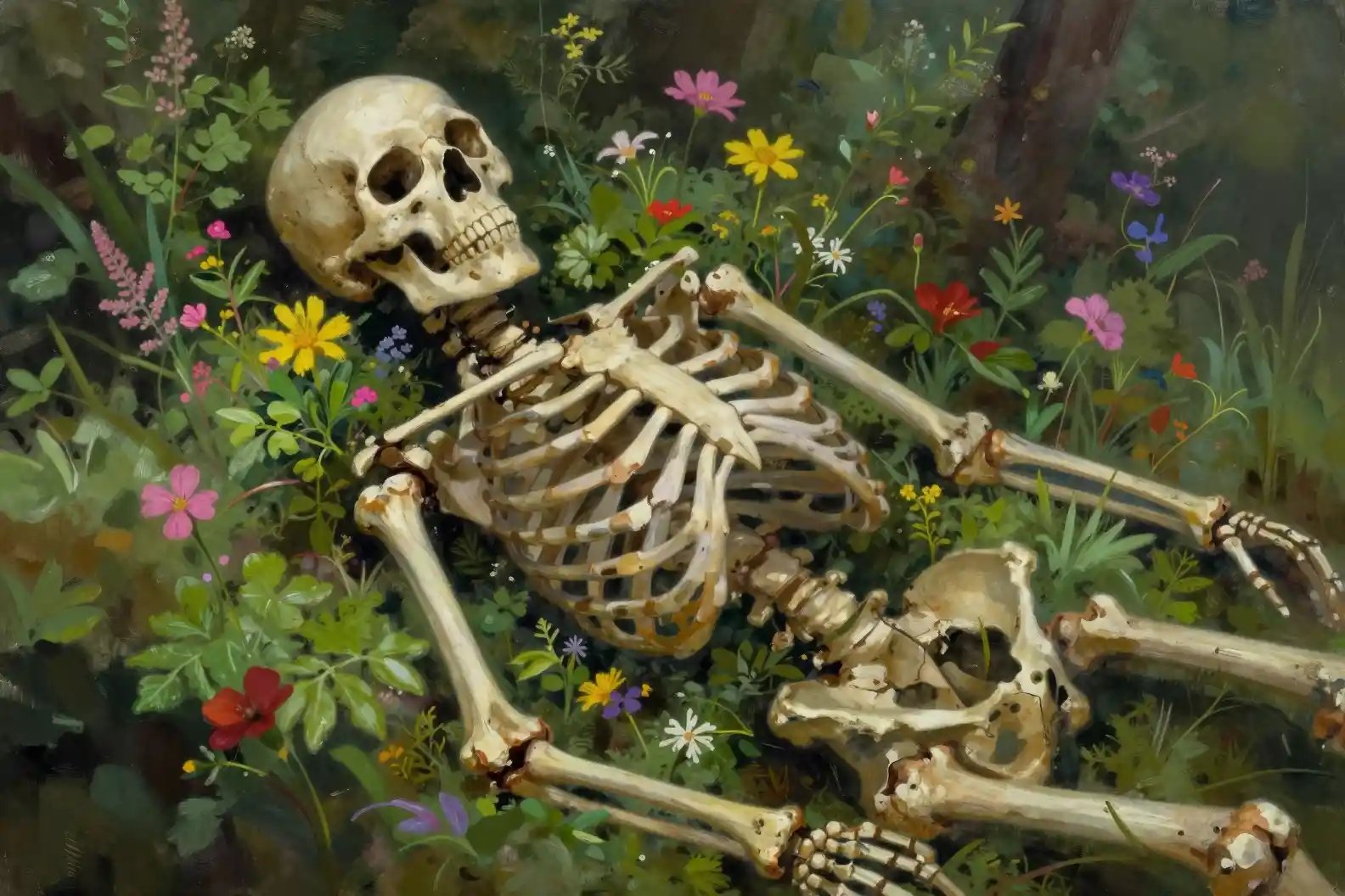 Skeleton entwined with vibrant flowers and foliage