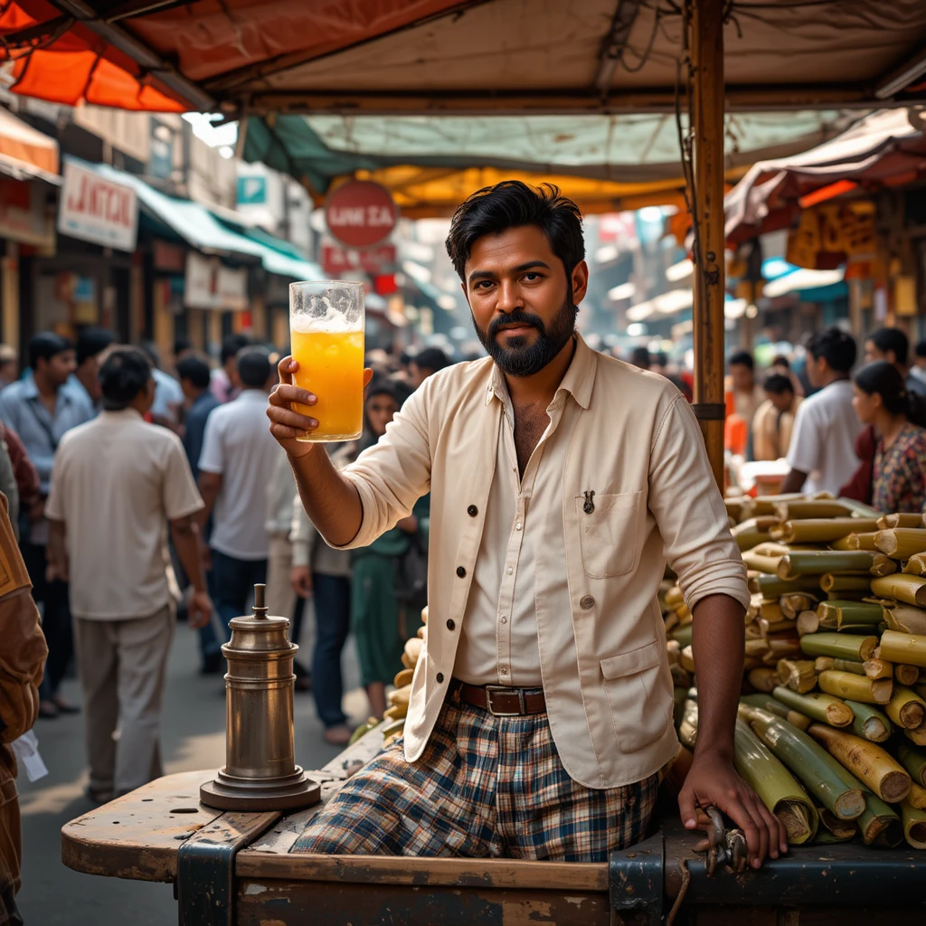 Sugarcane vendor serving juice in a busy Mumbai market