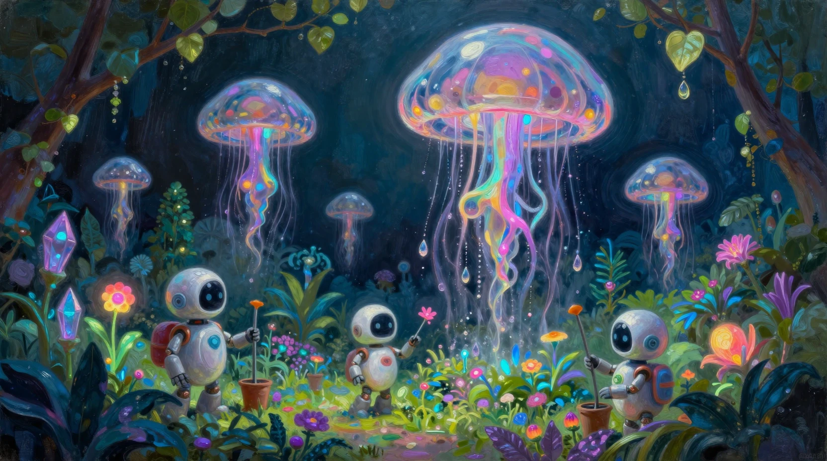 Jardim futurista lúdico com robôs e plantas brilhantes
