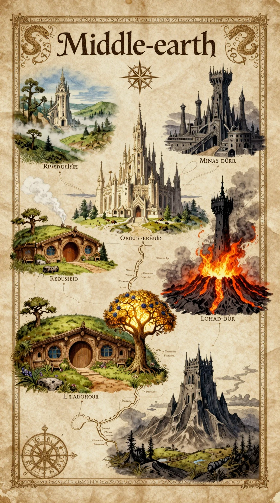 Mapa de fantasía vintage ilustrado sobre pergamino envejecido
