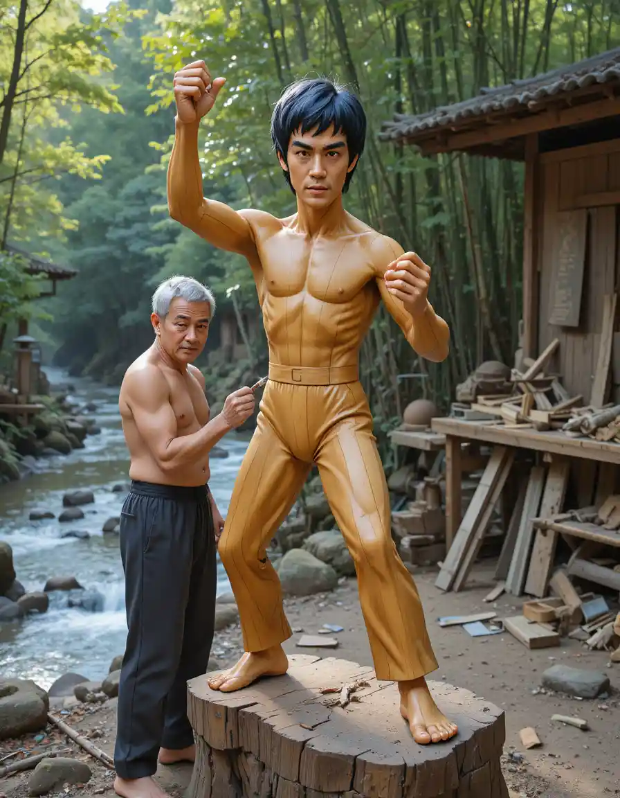 Elderly artisan carving a wooden martial arts sculpture outdoors