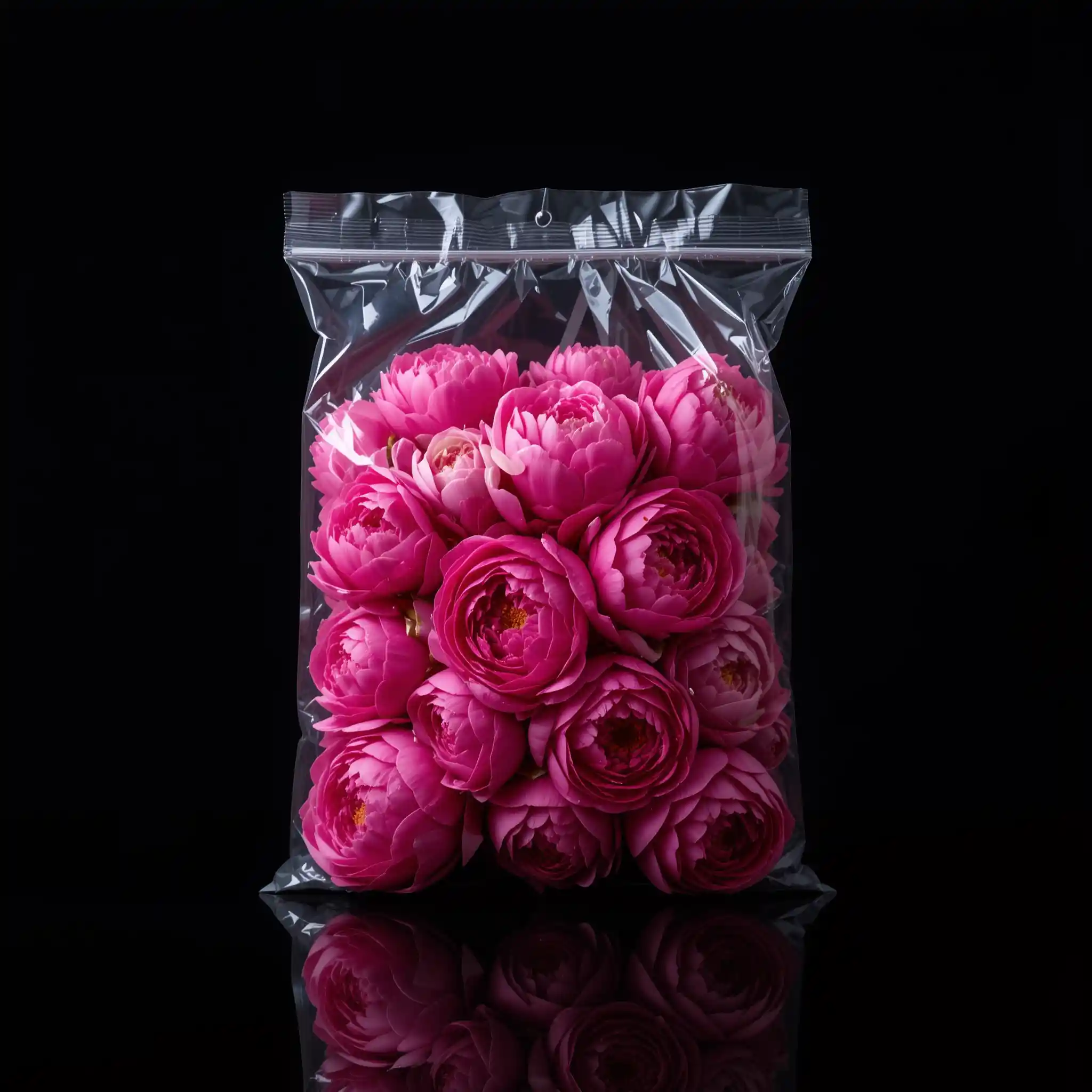 Pink peonies vacuum sealed in a clear square plastic bag