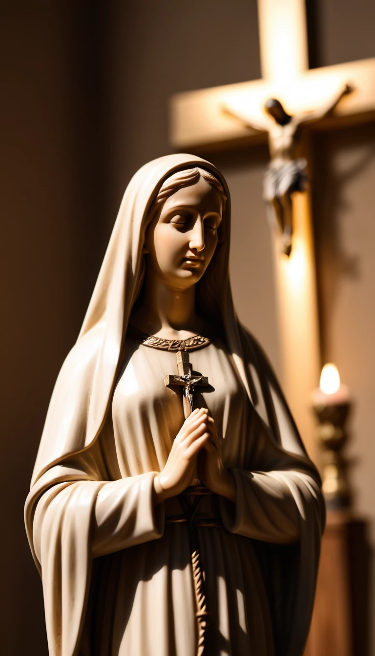 Virgin Mary statue with soft focus in warm church light