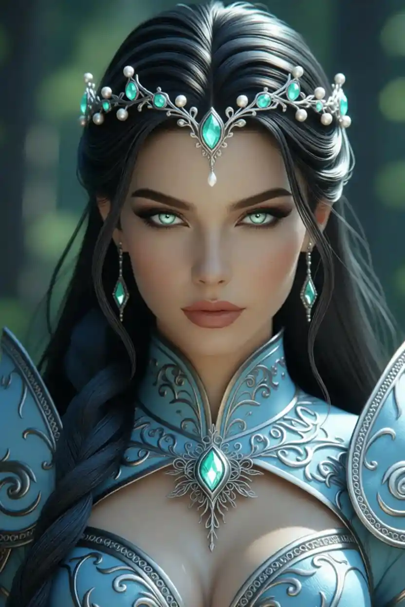 Armure en cuir bleu pâle avec diadème en argent et perles