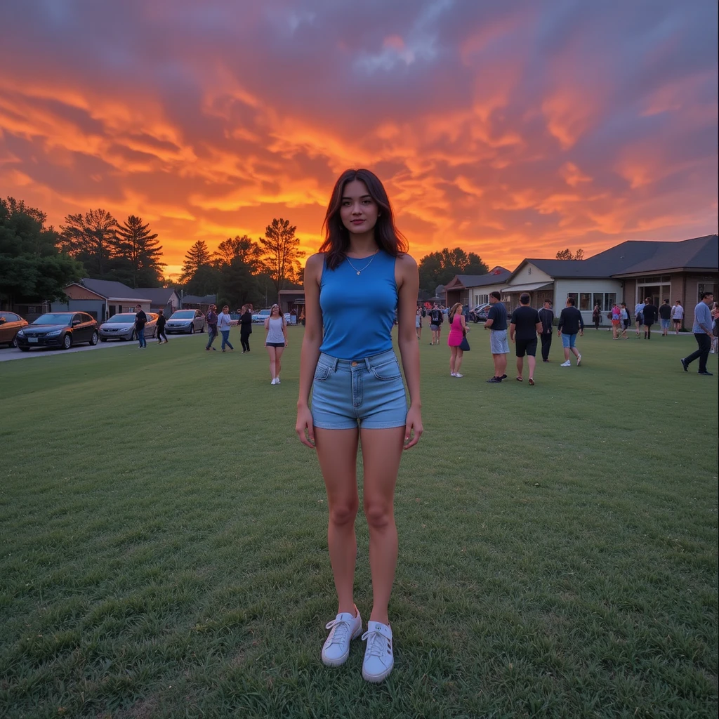 Girl standing on grassy field at colorful sunset