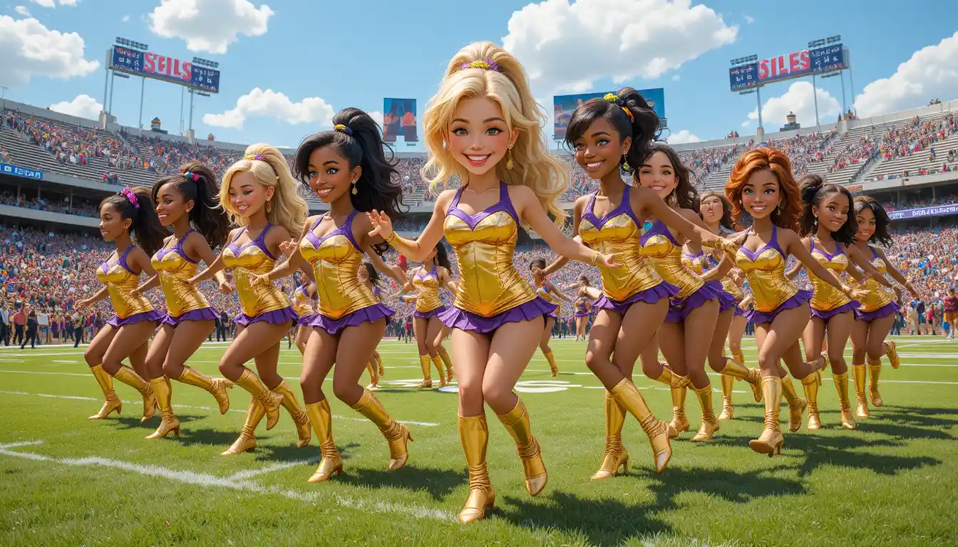 Equipe de cheerleading se apresentando em campo ensolarado de estádio