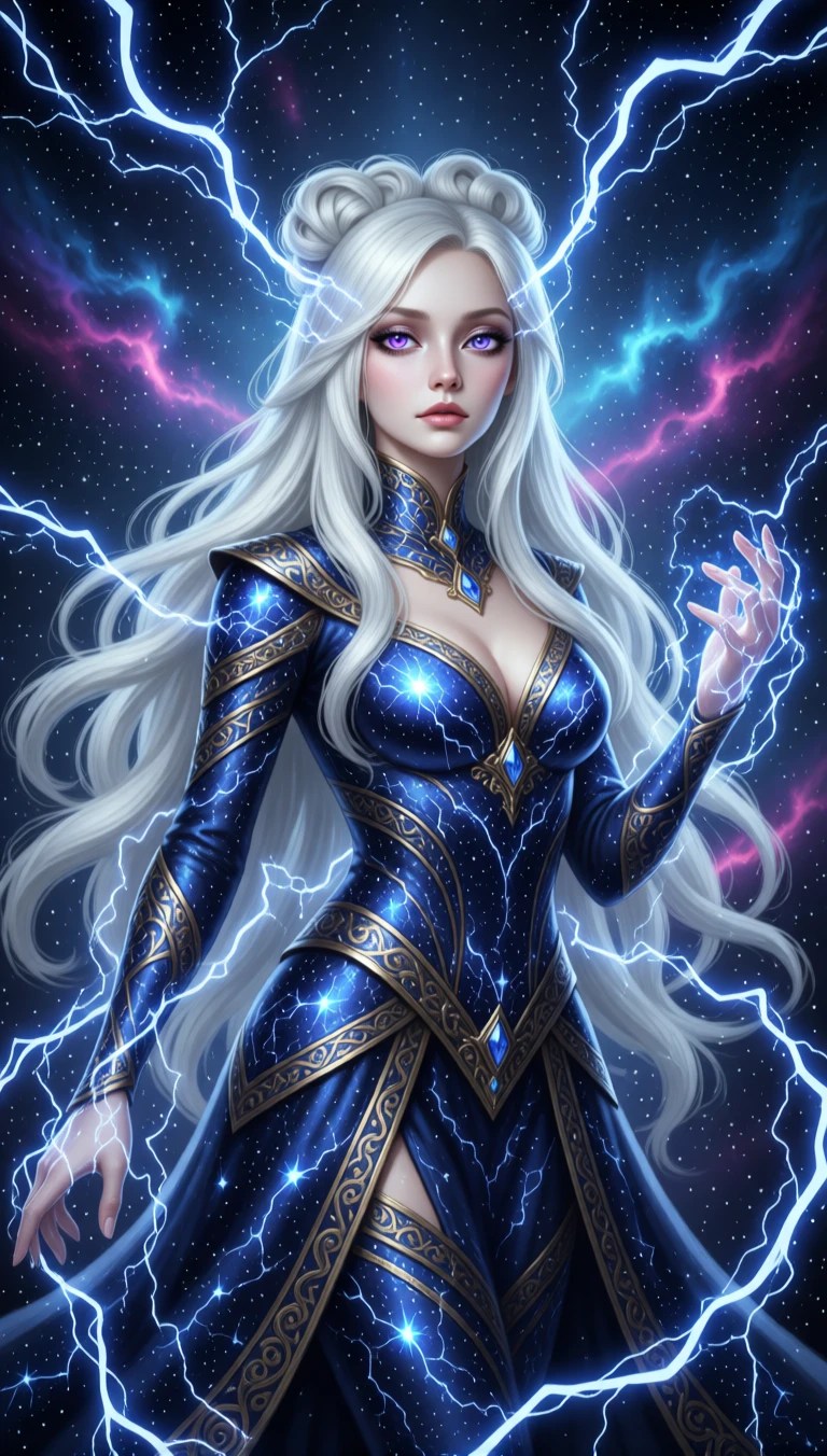 Fae enchantress cloaked in lightning in a cosmic realm