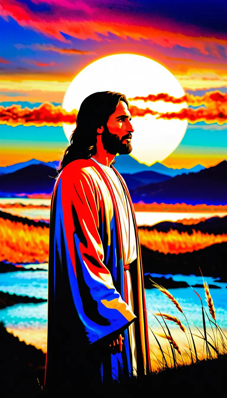 Gesù in piedi su una collina illuminata dal sole all’ora d’oro