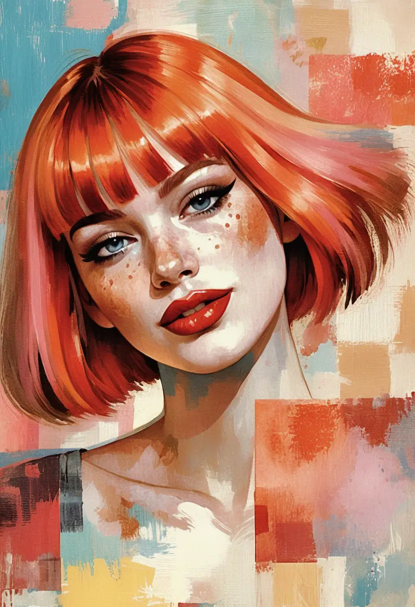 Retrato pop art de garota ruiva com olhos turquesa