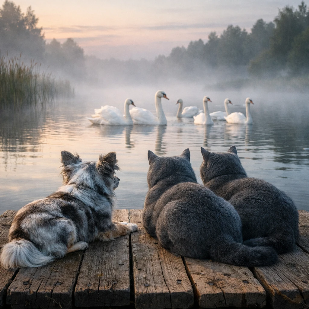 Chihuahua e gatos descansando em um píer à beira do lago ao amanhecer