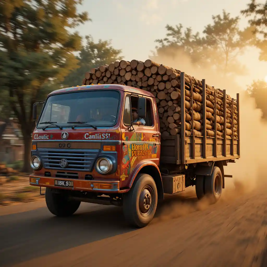 Camion indiano che sfreccia su una strada rurale polverosa al tramonto