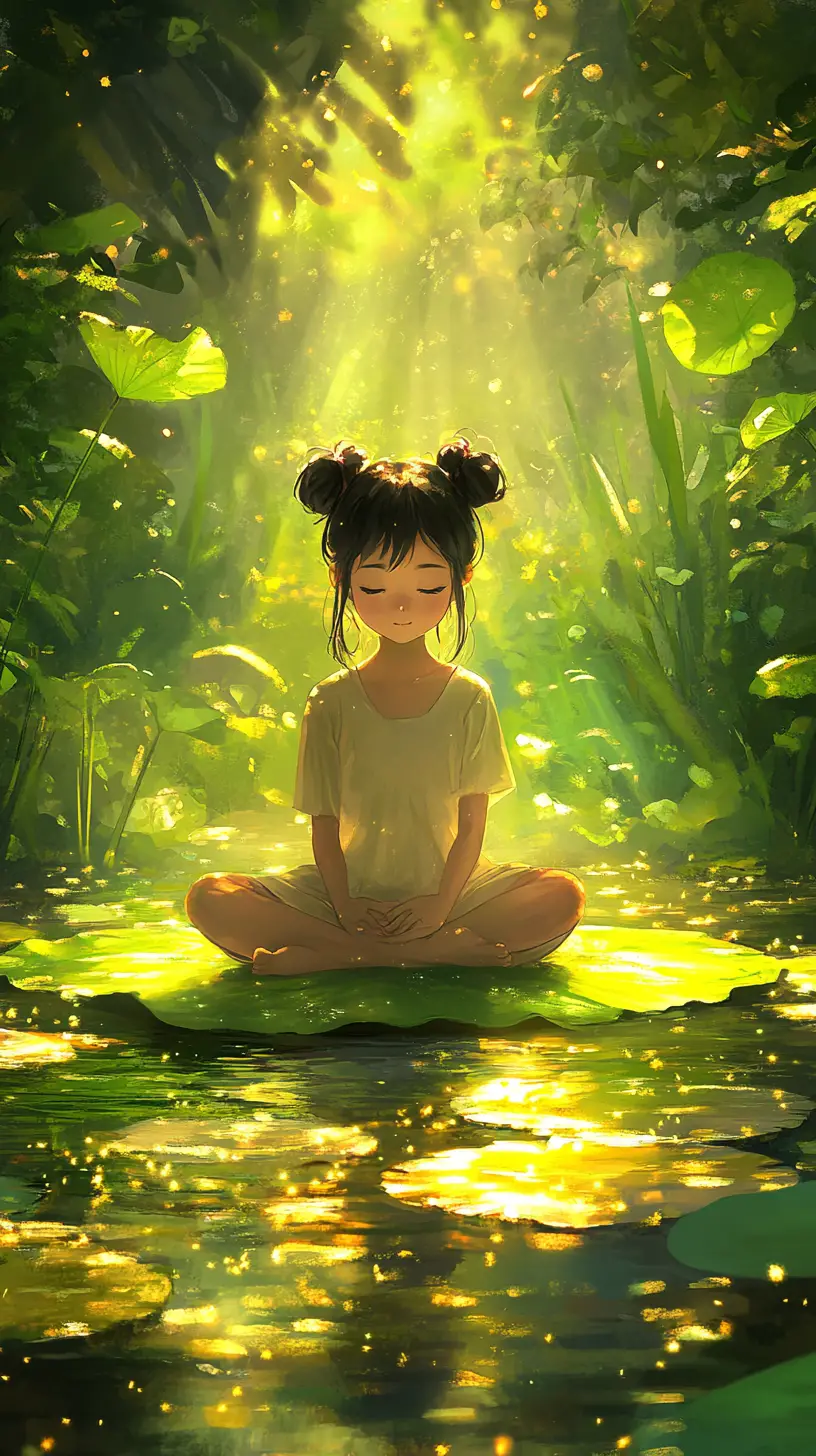 寧靜池塘裡坐在睡蓮葉上的小女孩