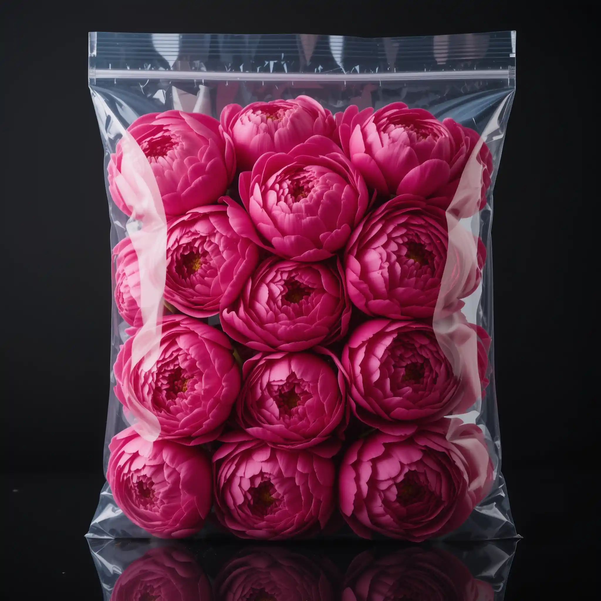 Pivoines roses sous vide dans un sac plastique carré transparent