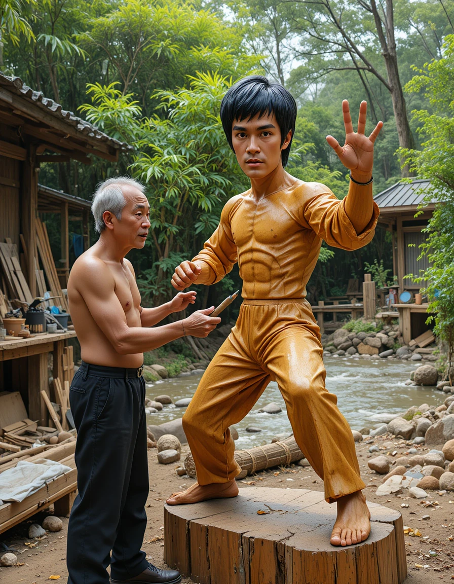 Artista idoso entalhando uma figura de artes marciais em madeira ao ar livre