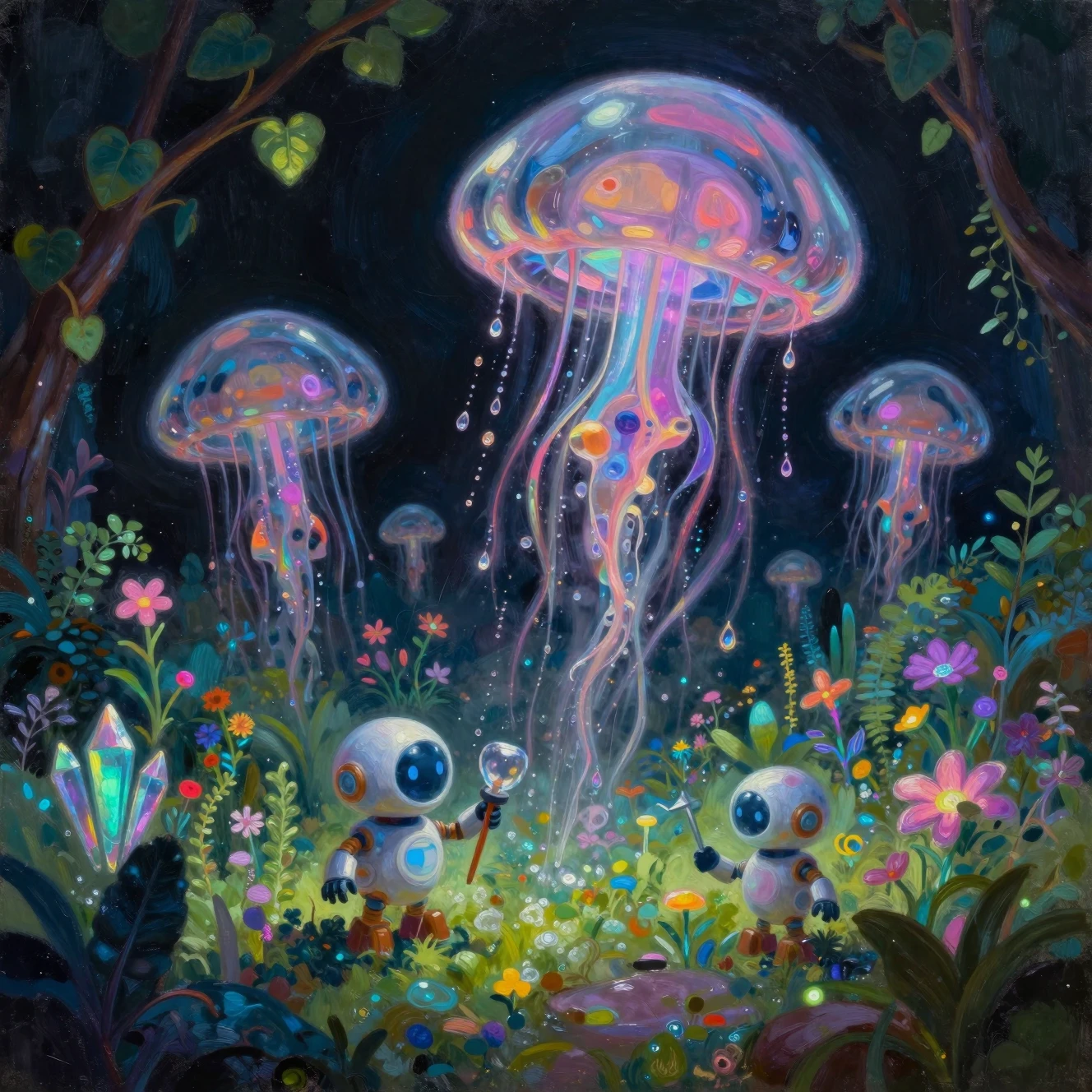Robôs fantasiosos cuidando de um jardim futurista brilhante