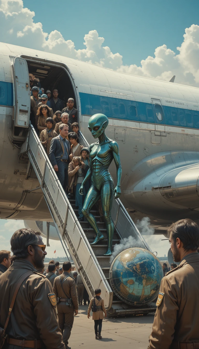 Alien triste abordando un clásico Boeing 707 junto a humanos