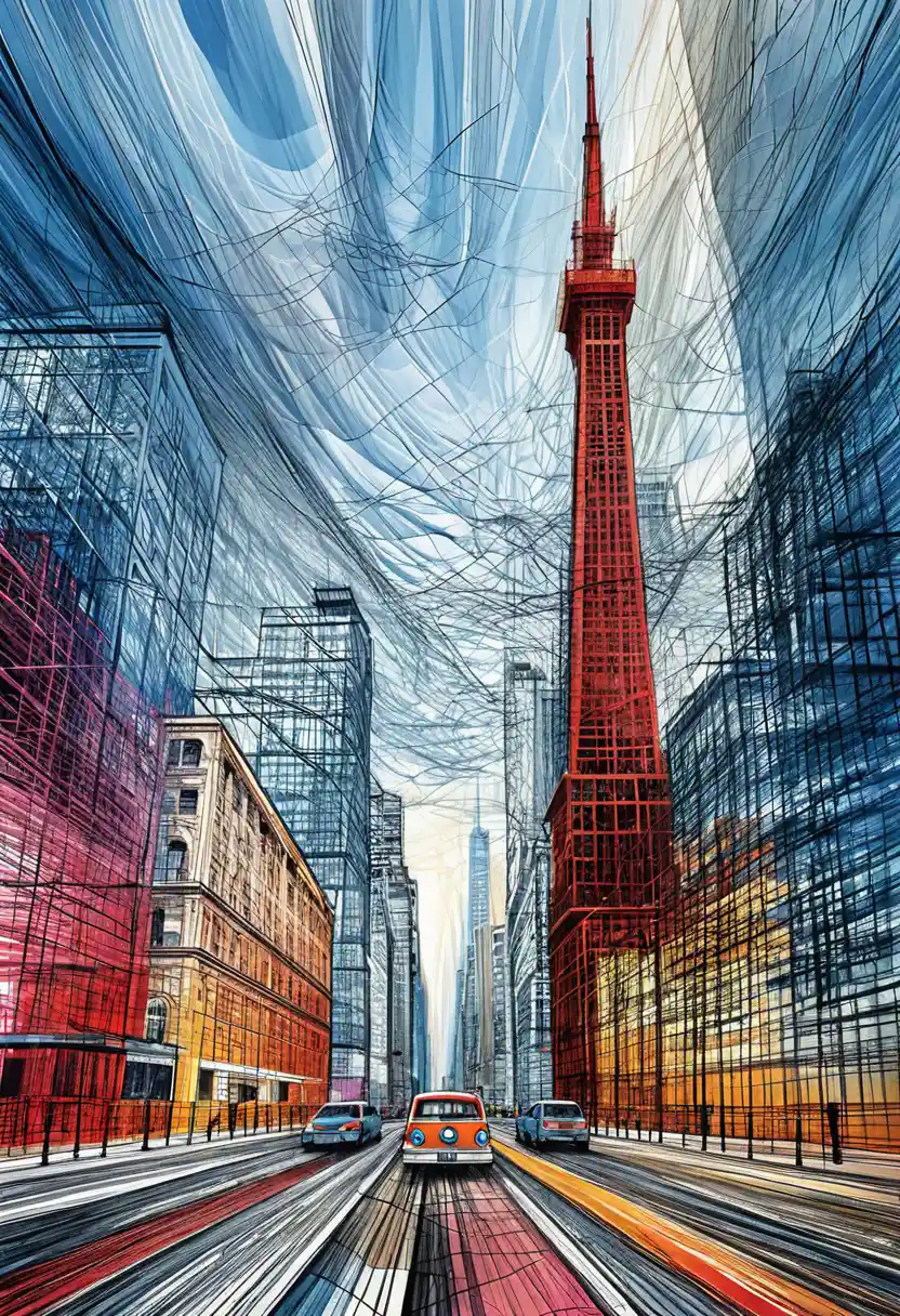 Rue urbaine en line art vibrant avec gratte-ciel rouge imposant