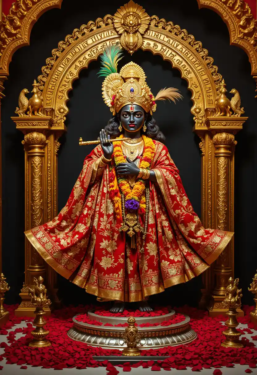 Estatua de deidad hindú adornada con atuendos de templo en rojo y dorado