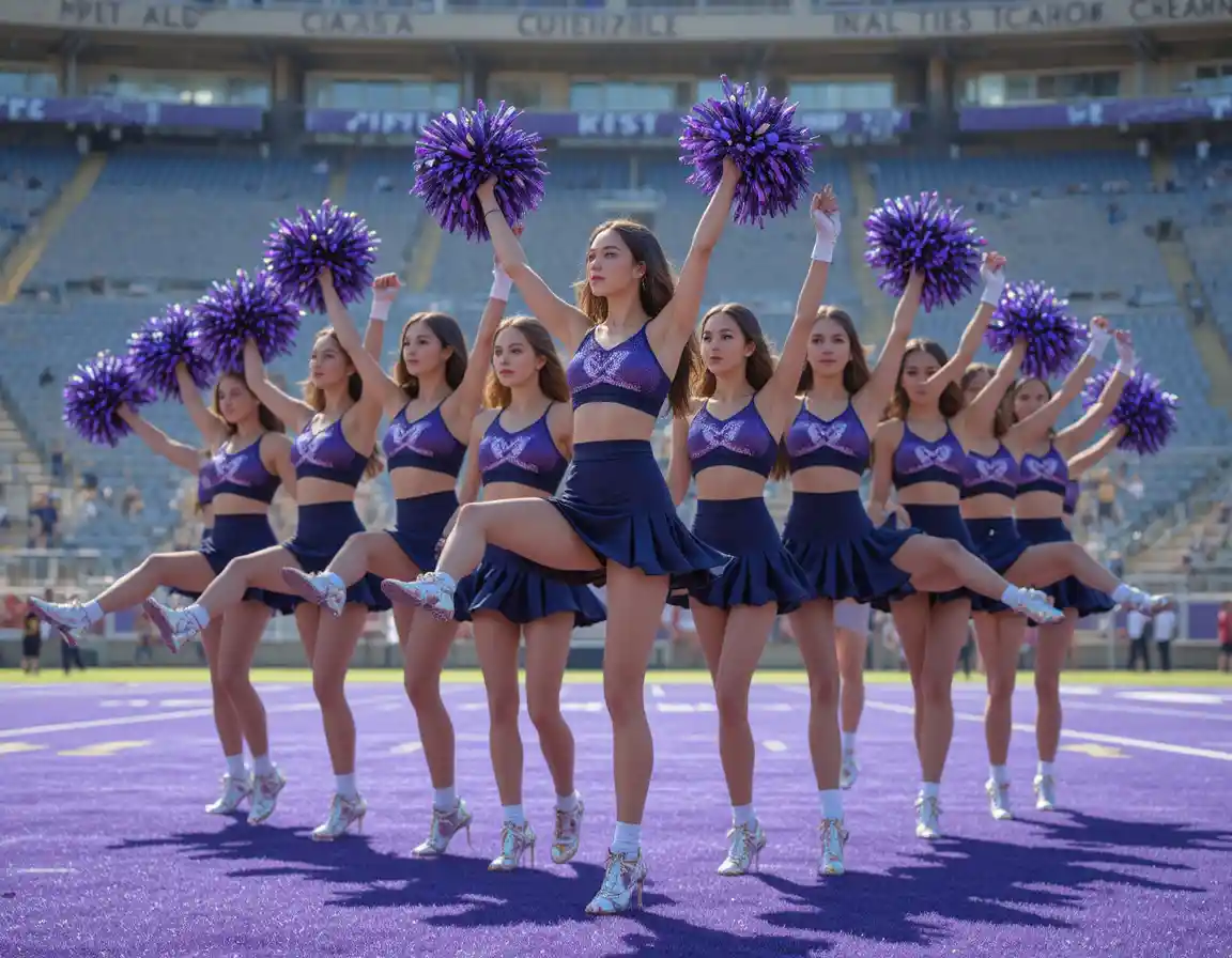 Cheerleader team kicking in golden and purple uniforms