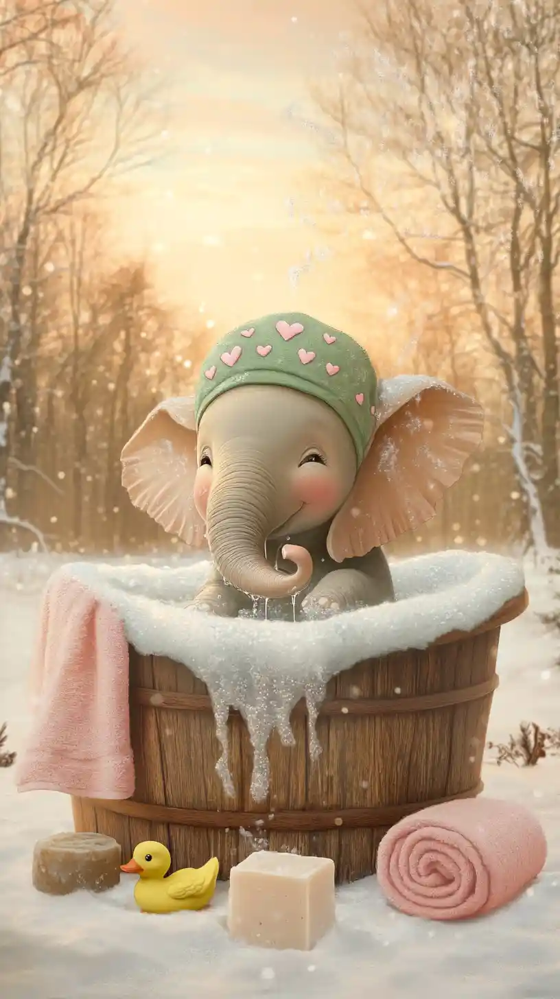 Cute Baby Elephant Bathing In A Snowy Forest Tub