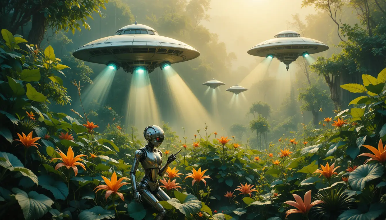 Robôs futuristas cuidando de plantas brilhantes em um jardim sereno