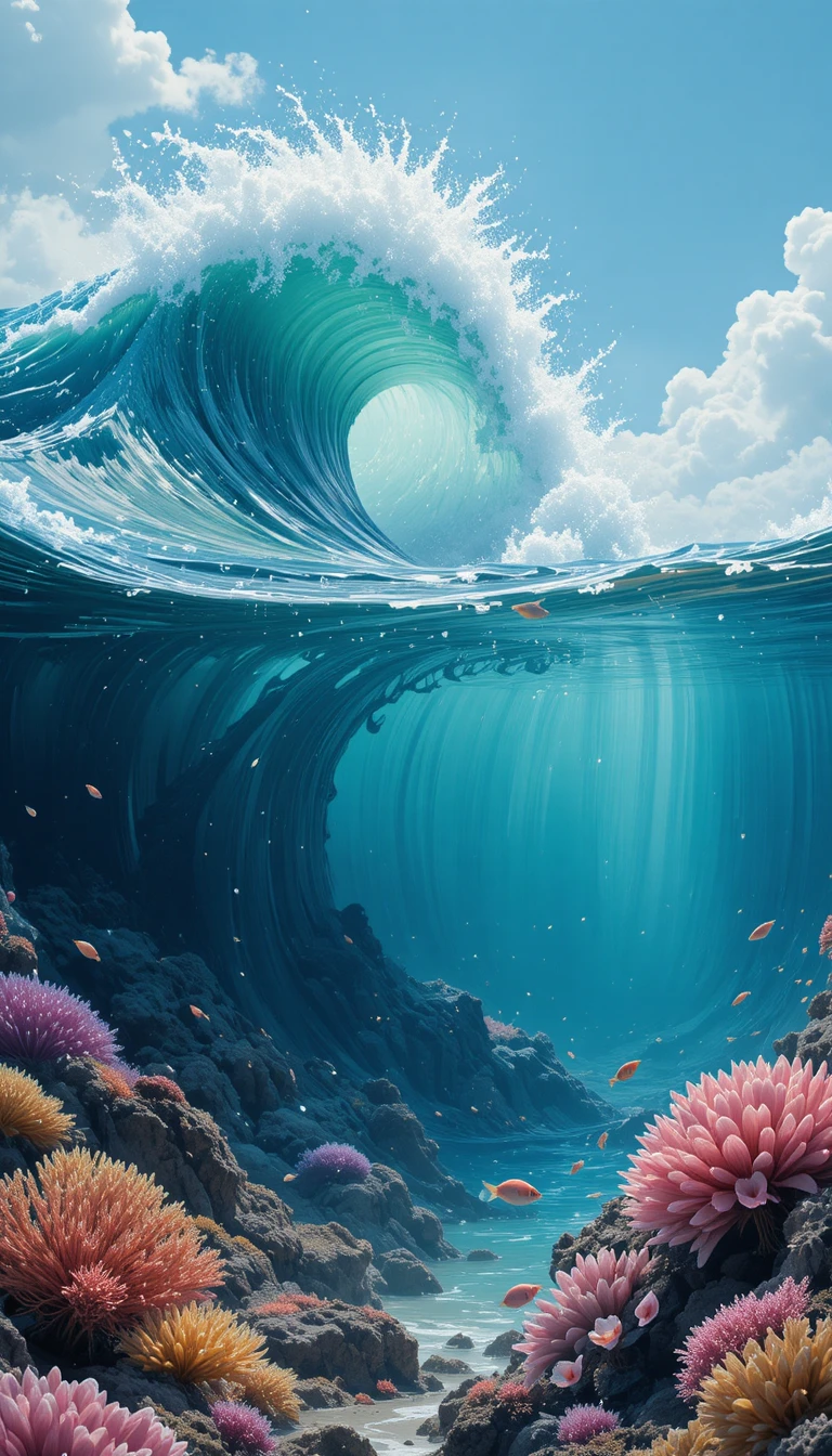 Vue sous-marine scindée d’une vague de tsunami et d’un récif corallien