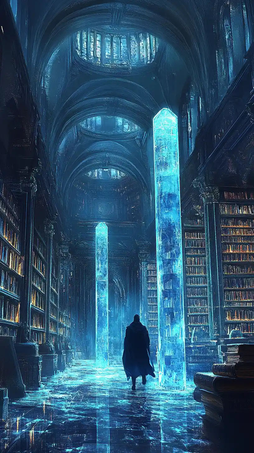 Vaste bibliothèque mystique aux colonnes cristallines lumineuses et au givre