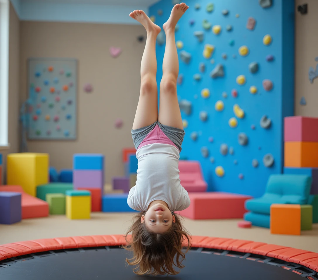 Young girl flipping on a trampoline in indoor gym