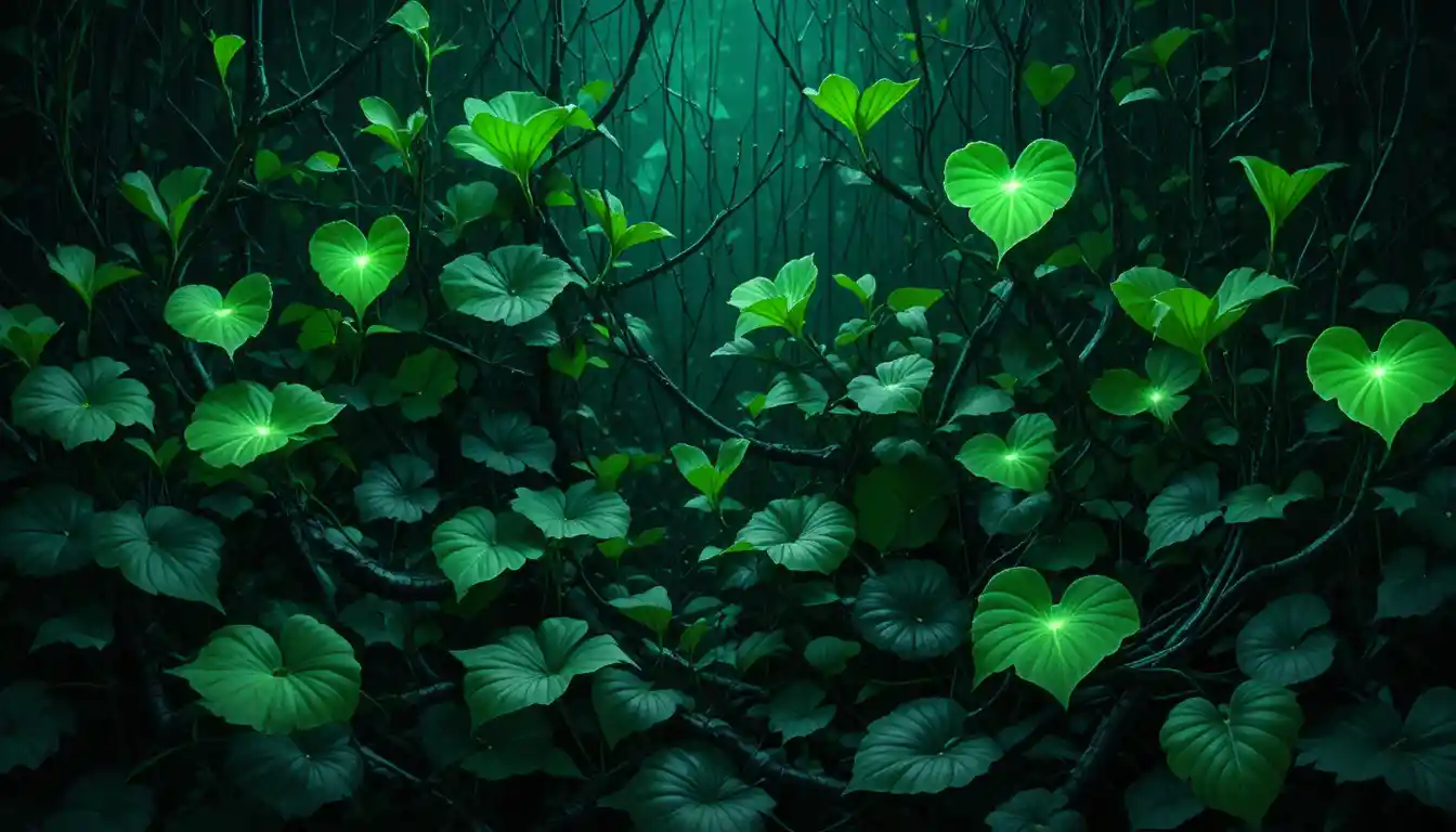 Foglie a Cuore Luminescenti in un Santuario Verde Futuristico e Oscuro