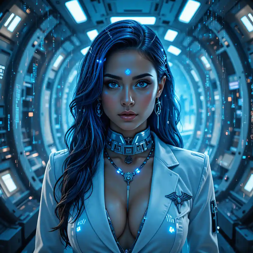 Futuristic doctor in cyan lit medical bay on Coruscant