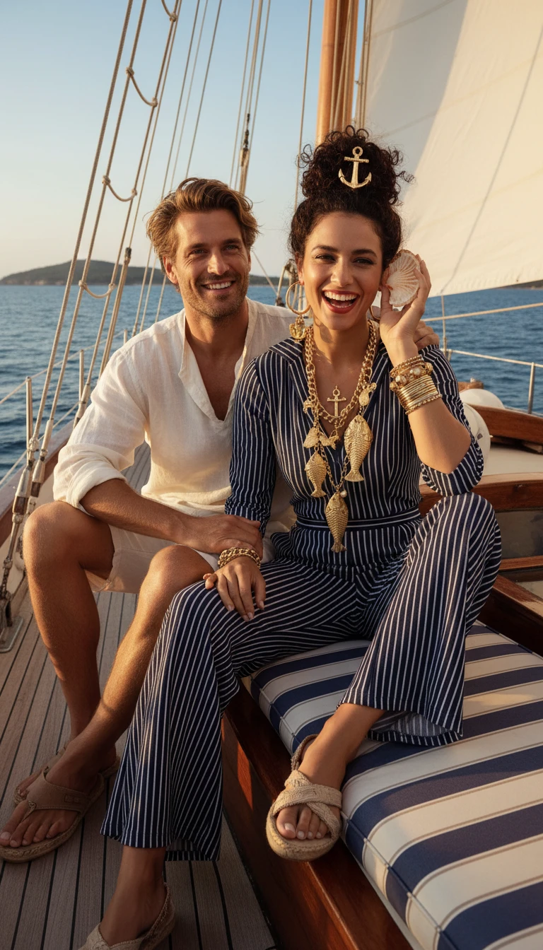 Stylish sailor couple relaxing together on a sailboat