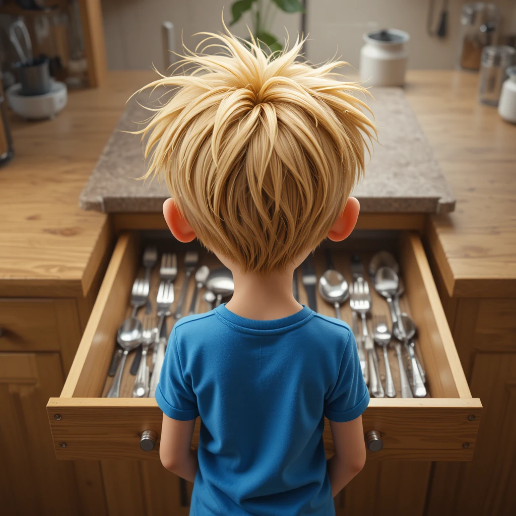 Menino procurando garfos em uma gaveta de cozinha aberta
