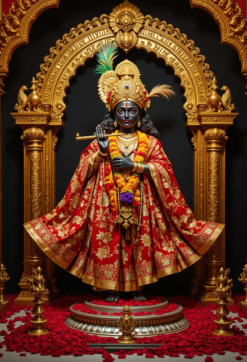 Estátua de divindade hindu ornada com trajes de templo em vermelho e dourado